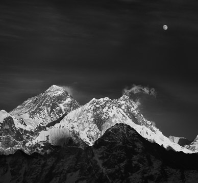 Last Light and Moonrise over Everest & Lhotse, Everest/Khumbu Region, Nepal
