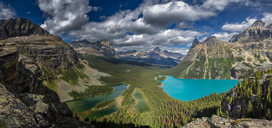Looking down at Mary & O'Hara Lakes from Opabin Prospect