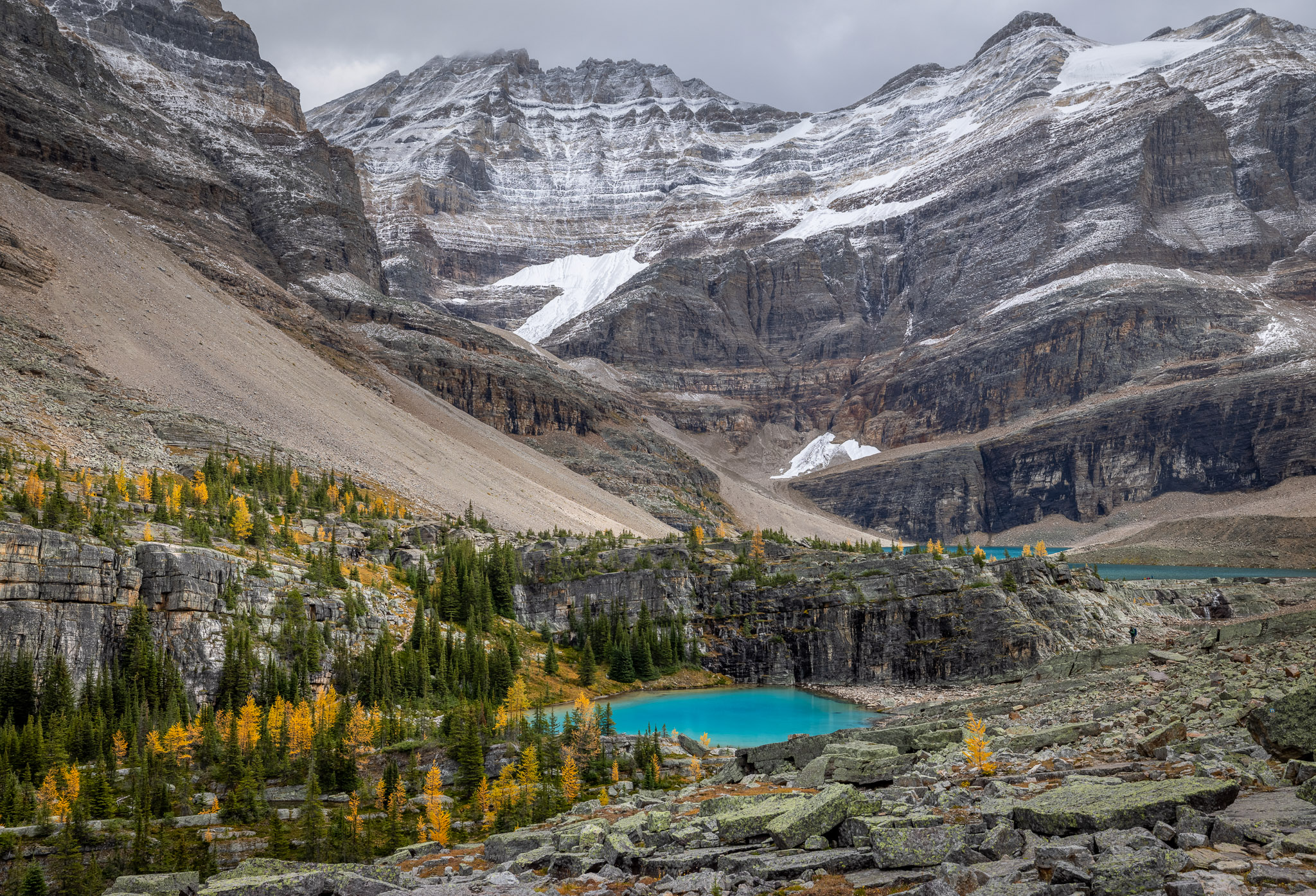 Looking down on Lefroy Lake & Oesa Basin from Yukness Ledges Alpine Route