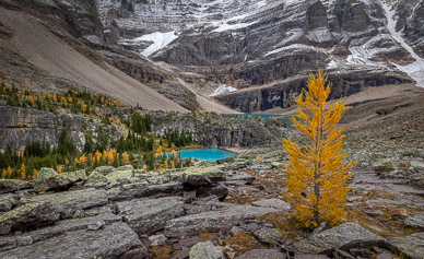 Looking down on Lefroy Lake & Oesa Basin from Yukness Ledges Alpine Route