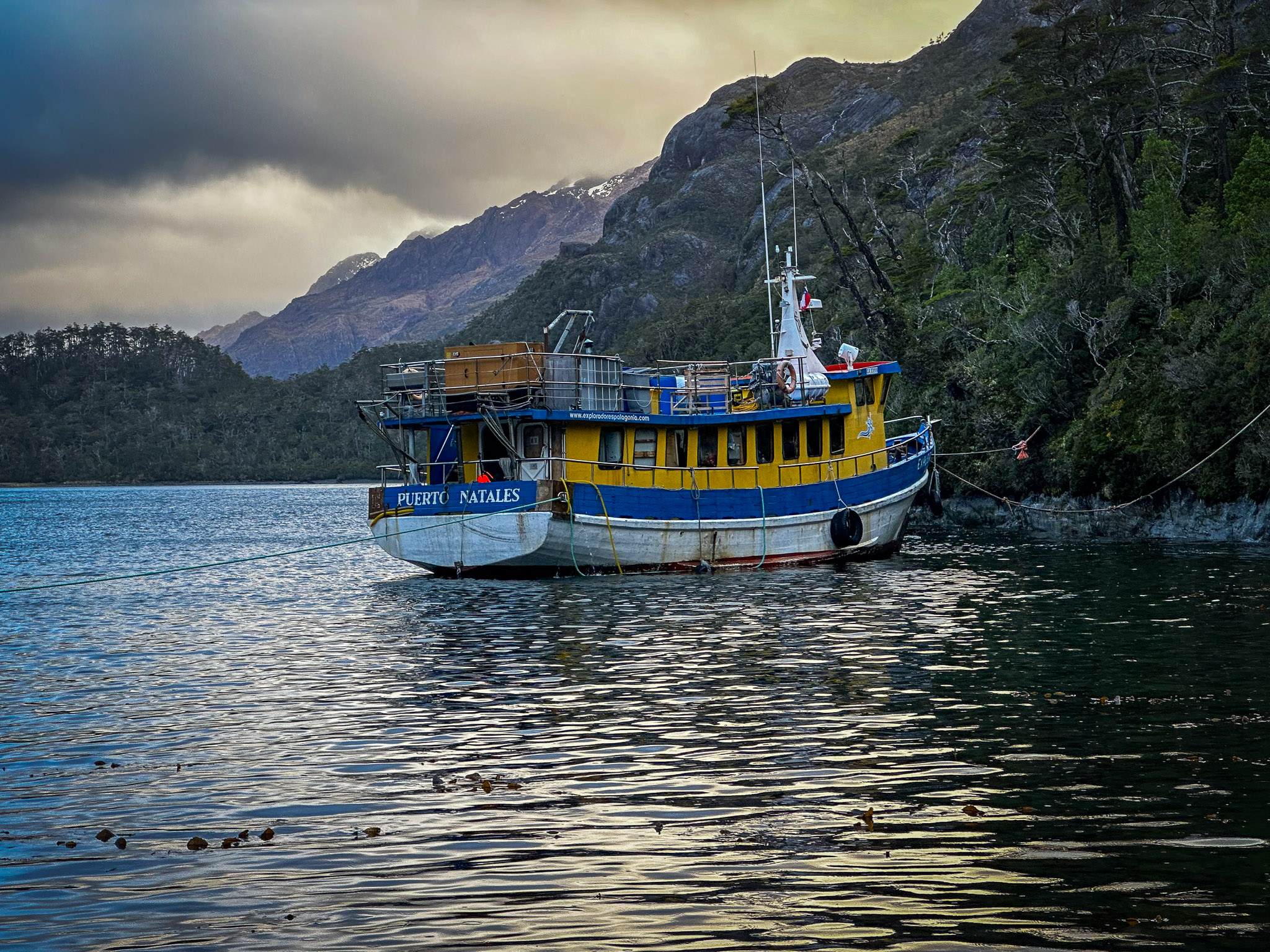 Our boat moored in Fiordo de las Montañas