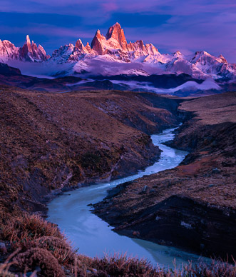 Sunrise on Fitz Roy Range & Rio de las Vueltas, Patagonia, Argentina