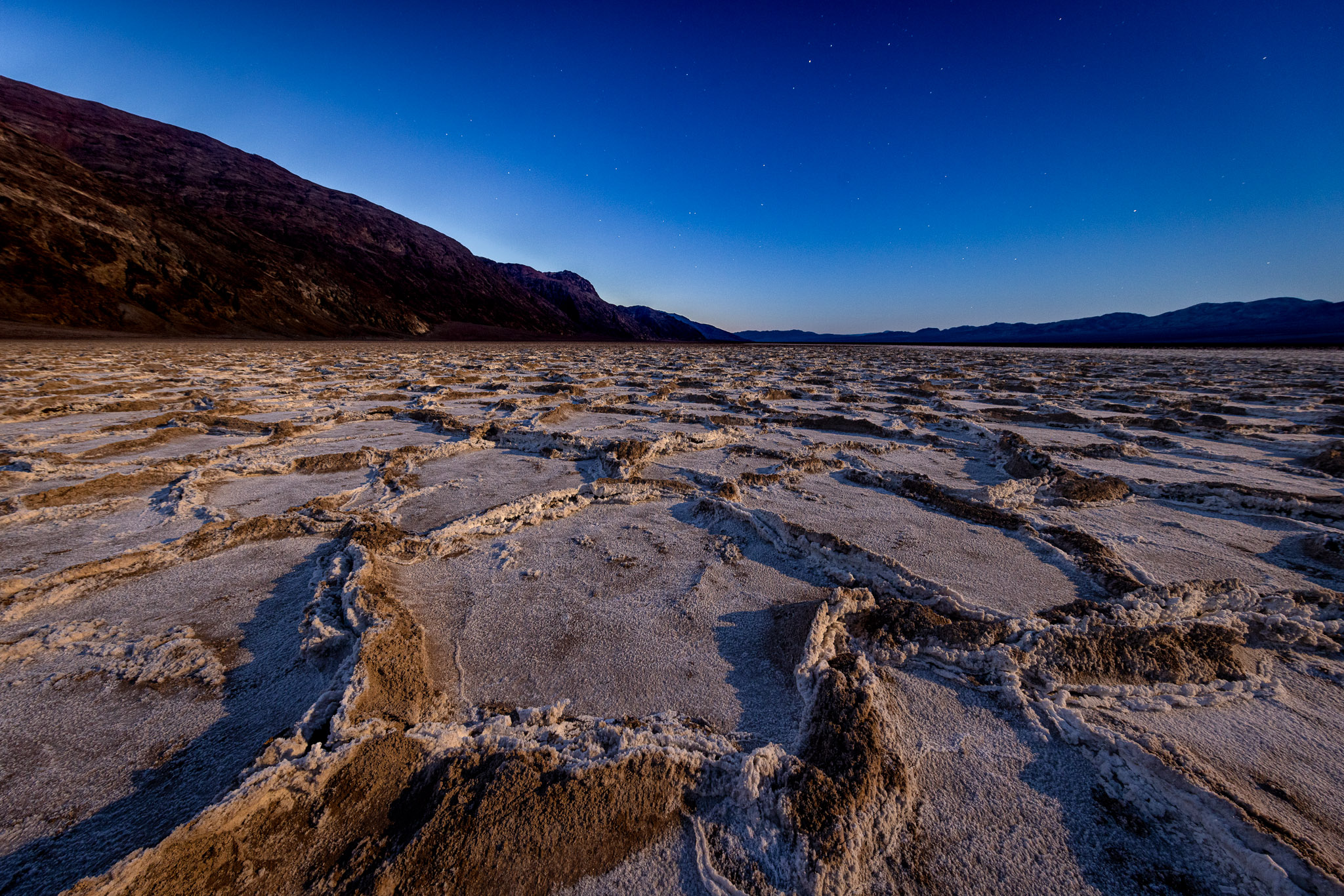 Badwater salt flats under moonlight