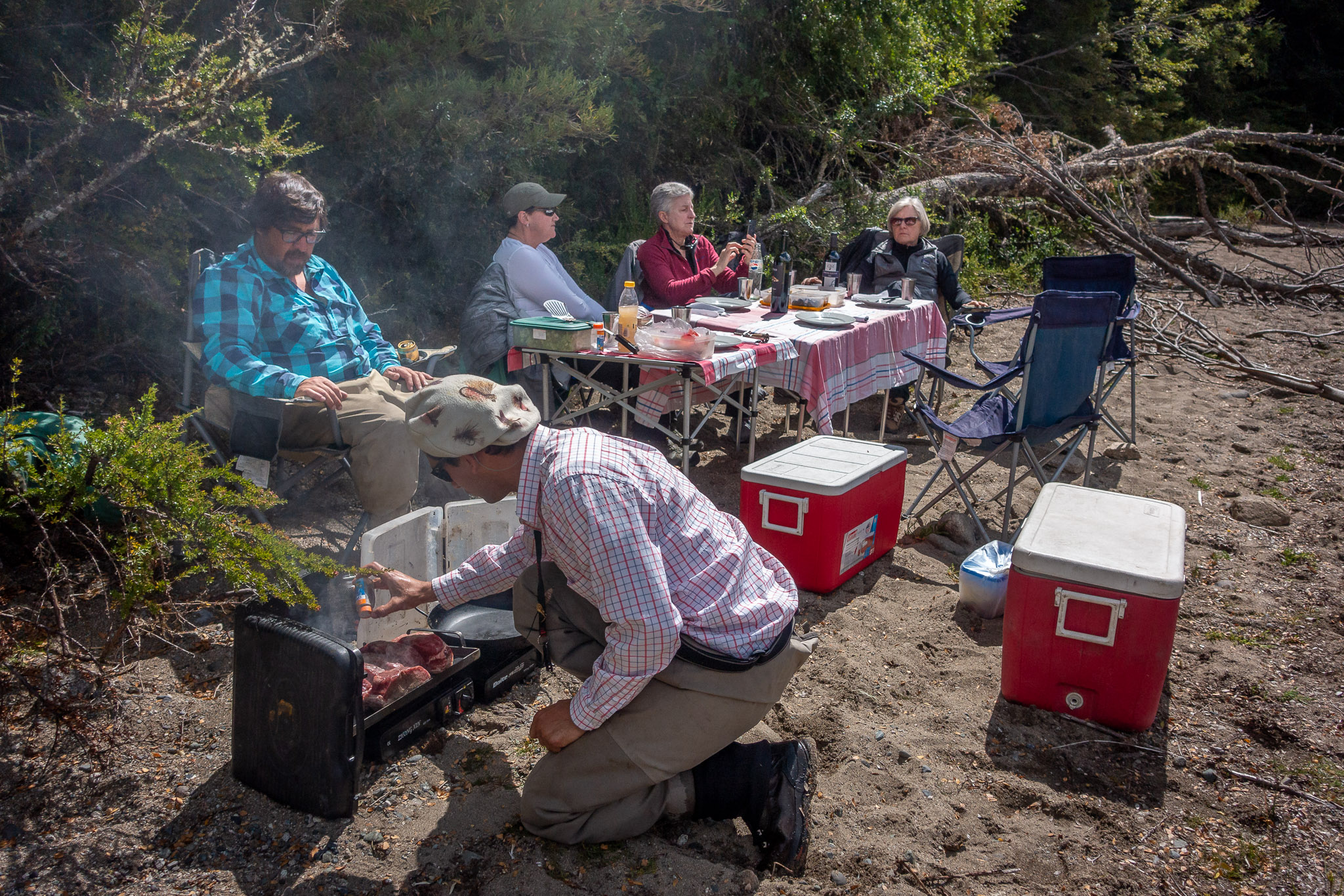 Steak picnic on shore of Lake Masco