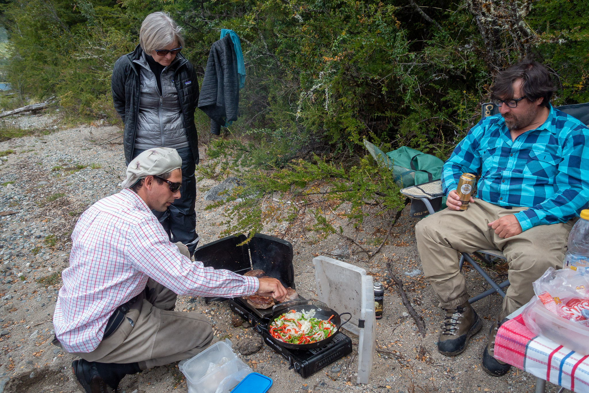 Steak picnic on shore of Lake Masco