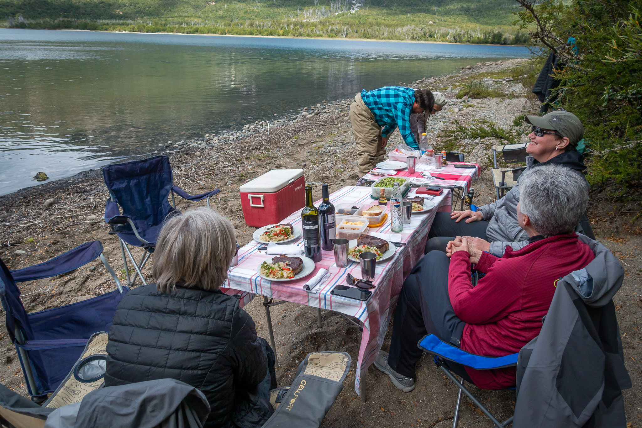 Steak picnic on shore of Lake Masco