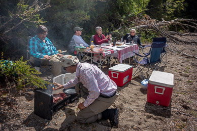 Steak picnic on shore of Lake Masco