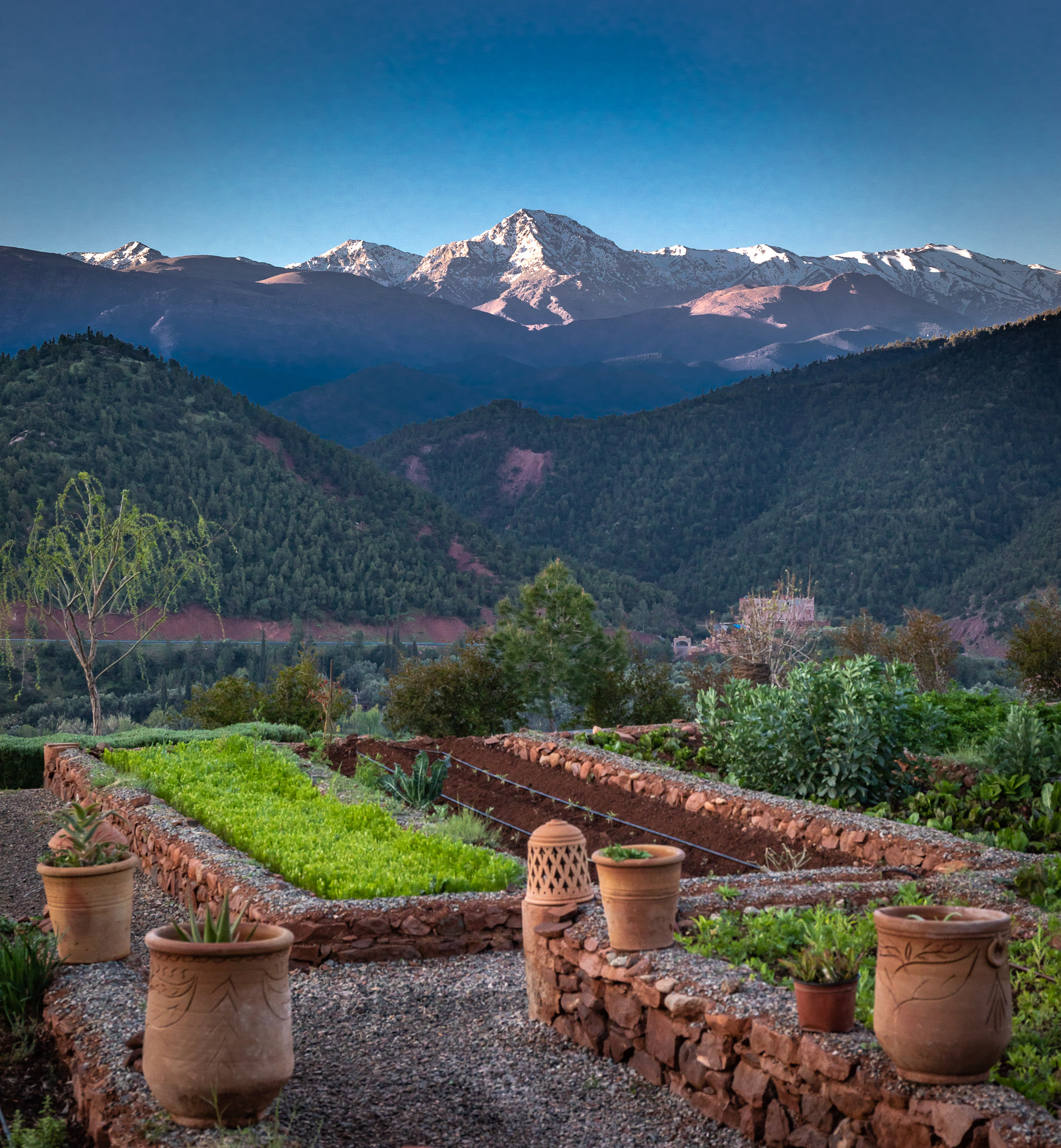 Early sun on High Atlas from Kasbah Bab Ourika garden