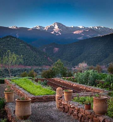 Early sun on High Atlas from Kasbah Bab Ourika garden