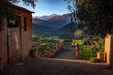 Early sun on High Atlas from Kasbah Bab Ourika garden