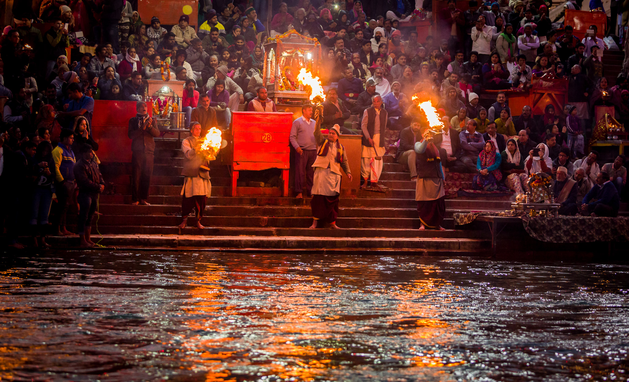 Evening Ganga Aarti ritual of offering fire to the Ganges (Ganga)