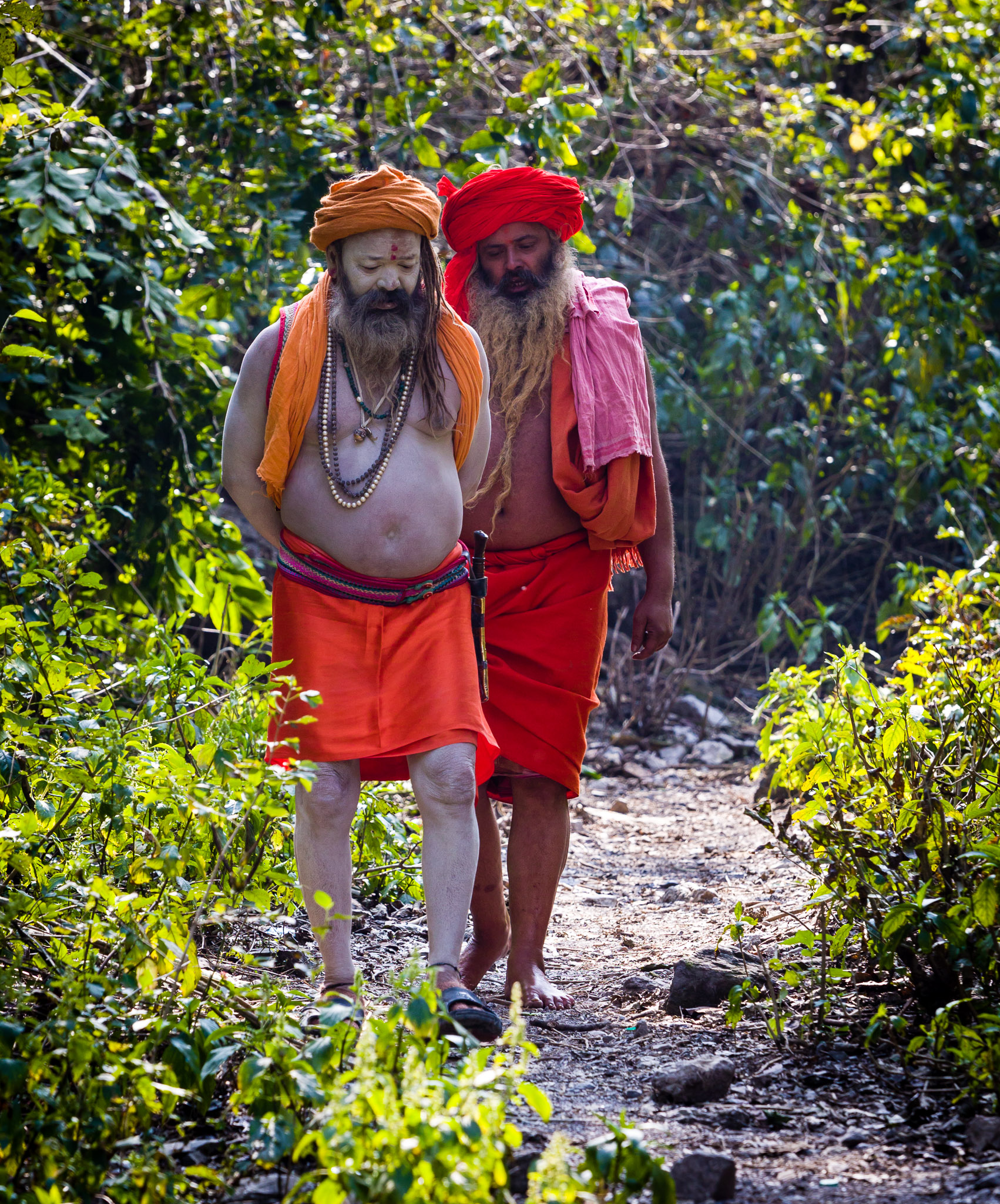 Sadhus hiking to waterfall