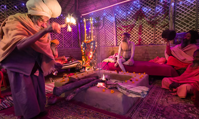 Evening Ganga Aarti ritual in Sadhu hut