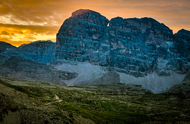 Dawn on Sexten Group & rifugio chapel, Italian Dolomites