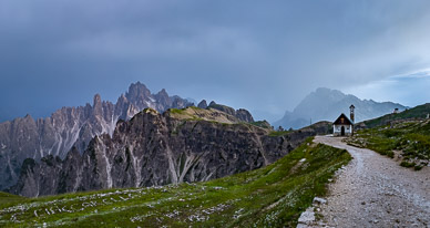 Cadini Range, rifugio chapel, & Rifugio Auronzo  in distance