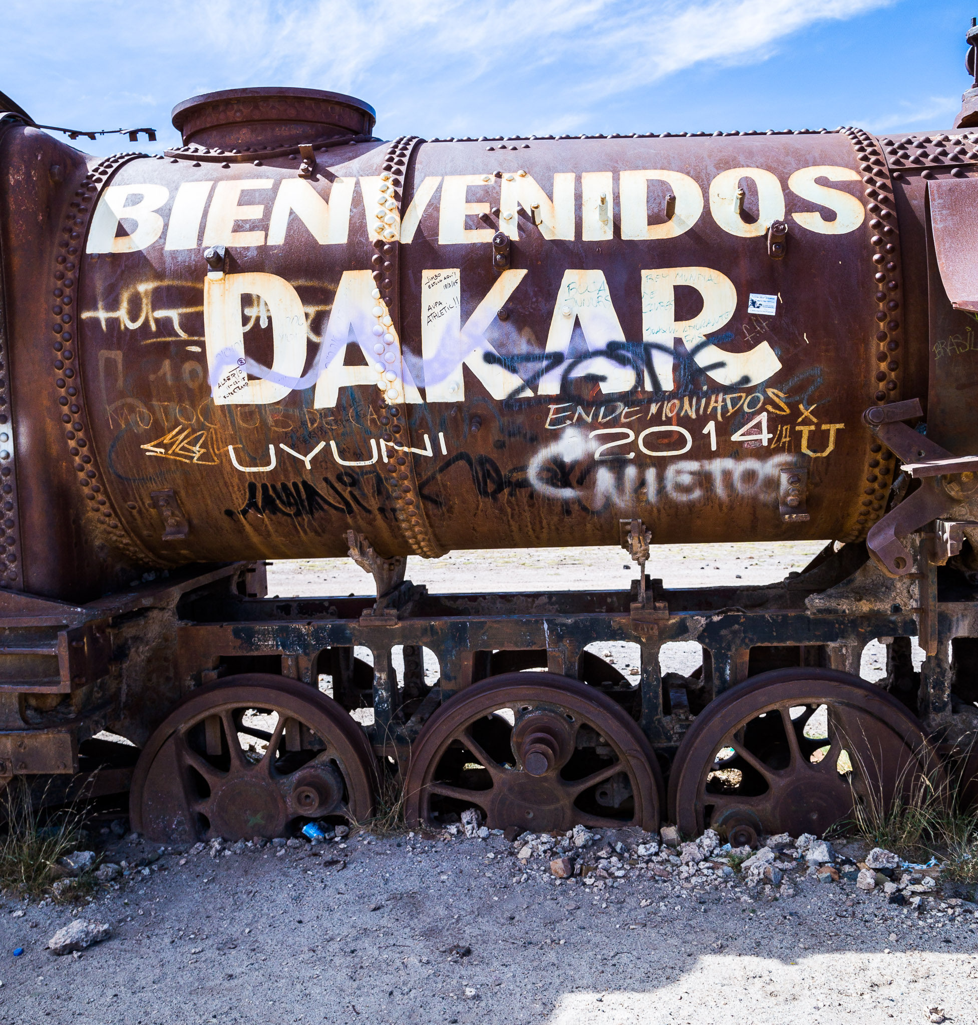 Uyuni train cemetery, Dakar off-road rally sign