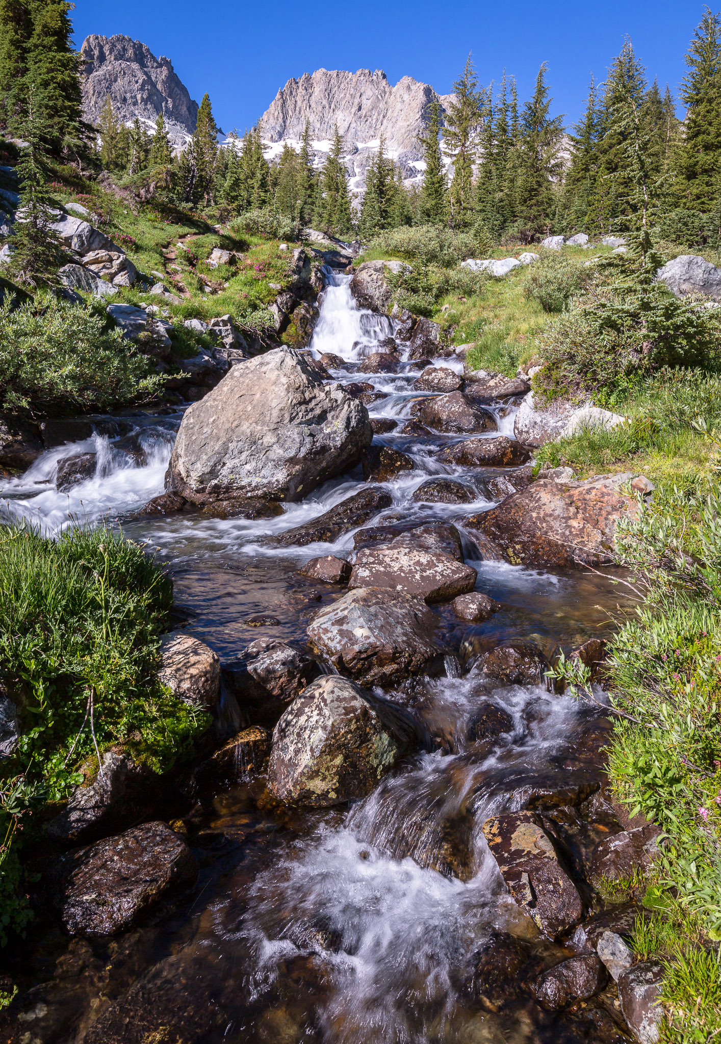 Cascading stream into Lake Ediza from foot of Banner/Ritter
