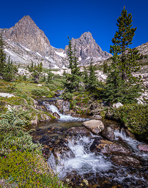 Cascading stream into Lake Ediza from foot of Banner Peak & Mt. Ritter
