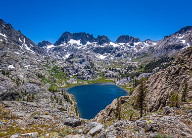 View of Minarets & Lake Ediza from tarn below Nydiver Lakes