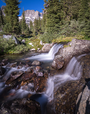 Cascading stream into Lake Ediza from foot of Banner/Ritter