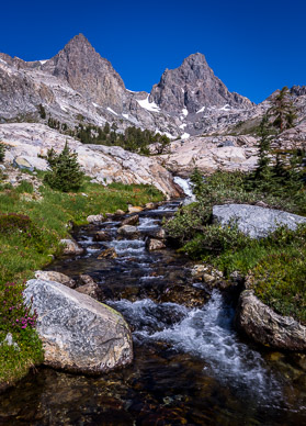 Cascading stream into Lake Ediza from foot of Banner Peak & Mt. Ritter