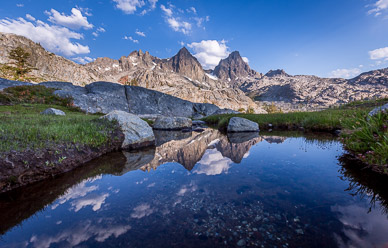 Morning light on Banner Peak & Mt. Ritter from Iceberg Lake meadow