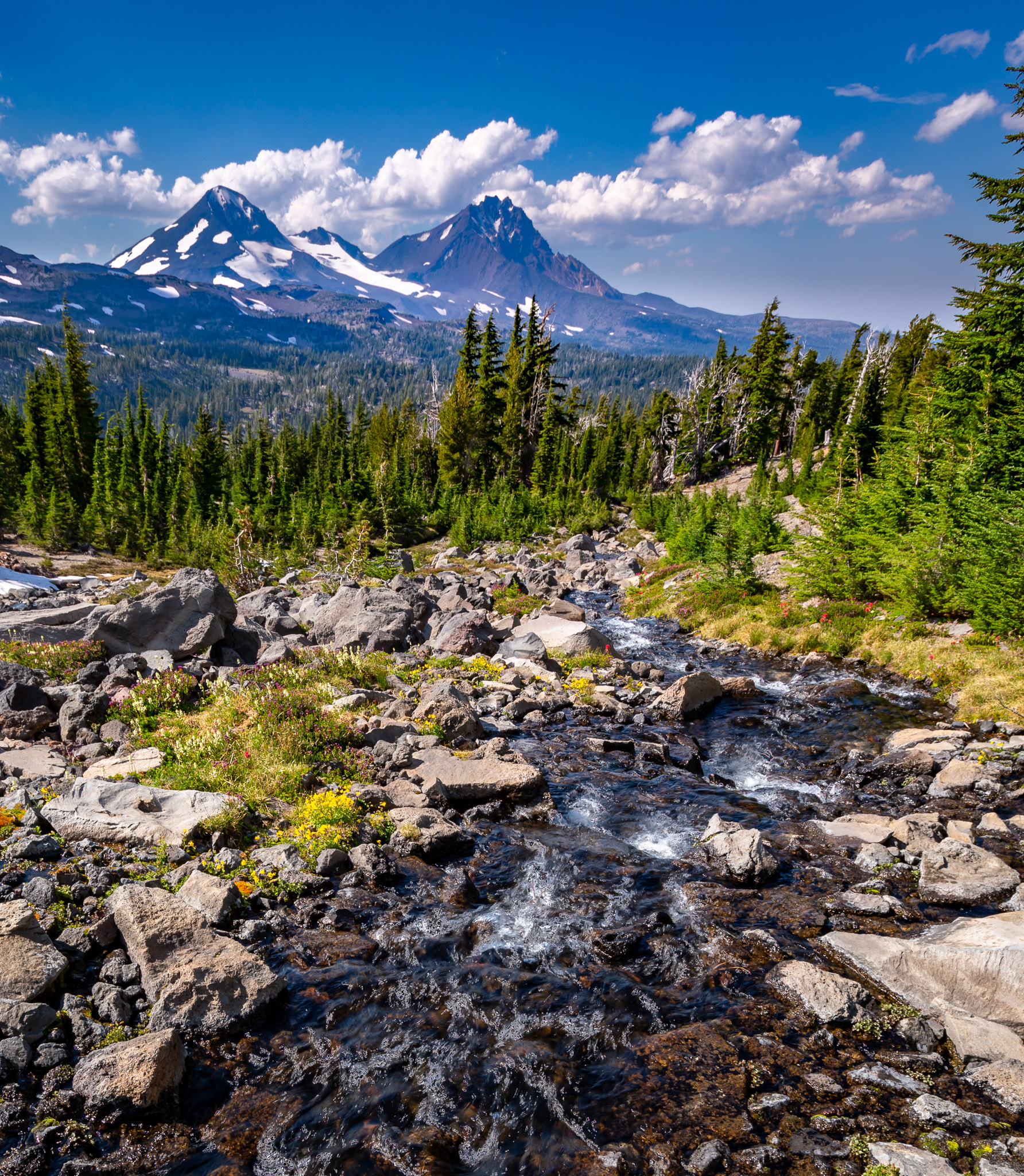 Stream above Golden Lake; Middle & North Sister in distance