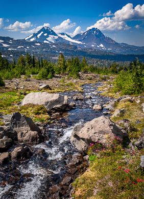 Stream above Golden Lake; Middle & North Sister in distance