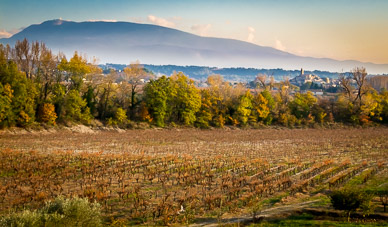 View of Mirabel (on right)  & Mt. Ventoux from Eygues River valley