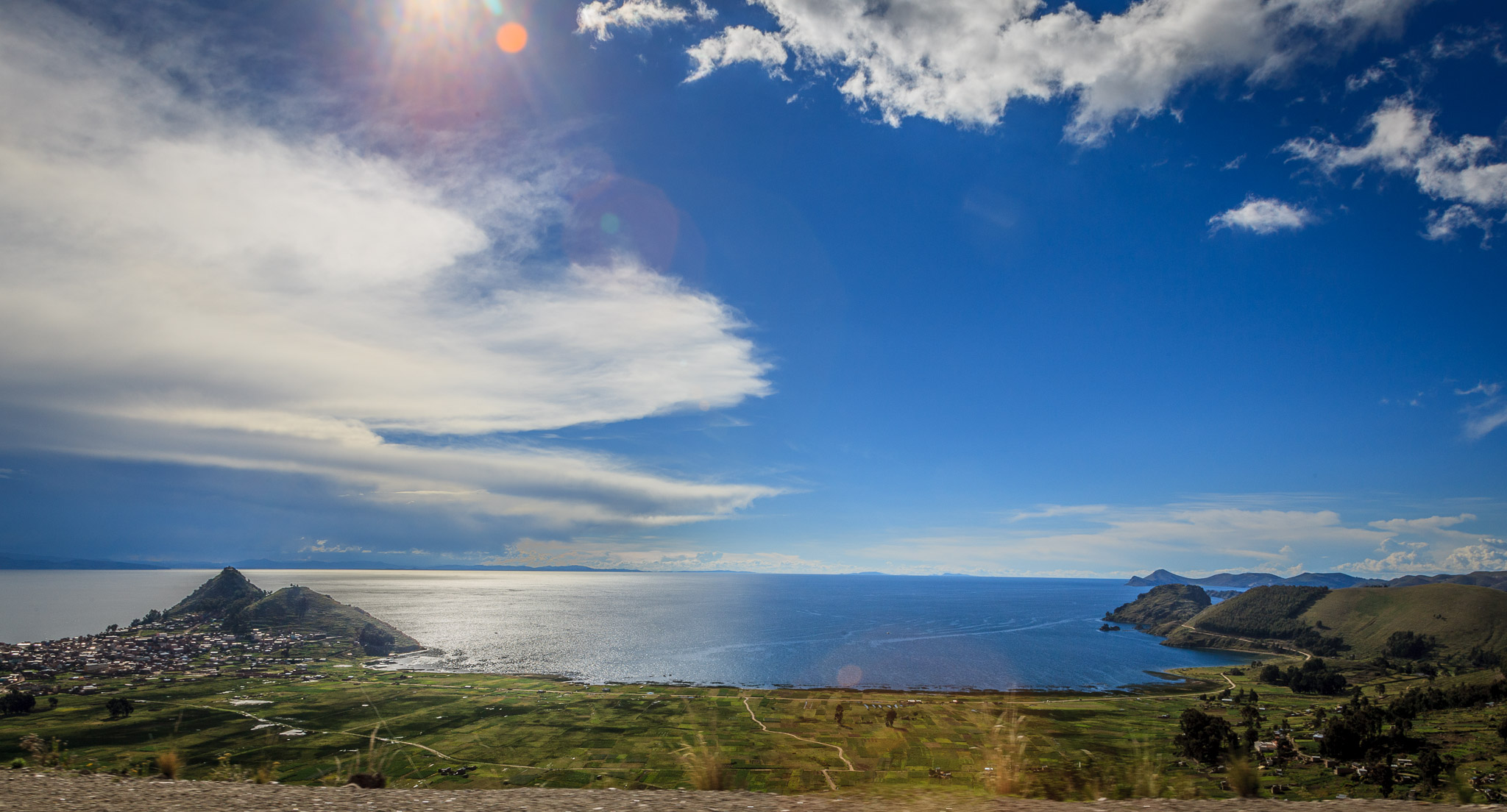 Lake Titicaca, town of Copacabana in distance