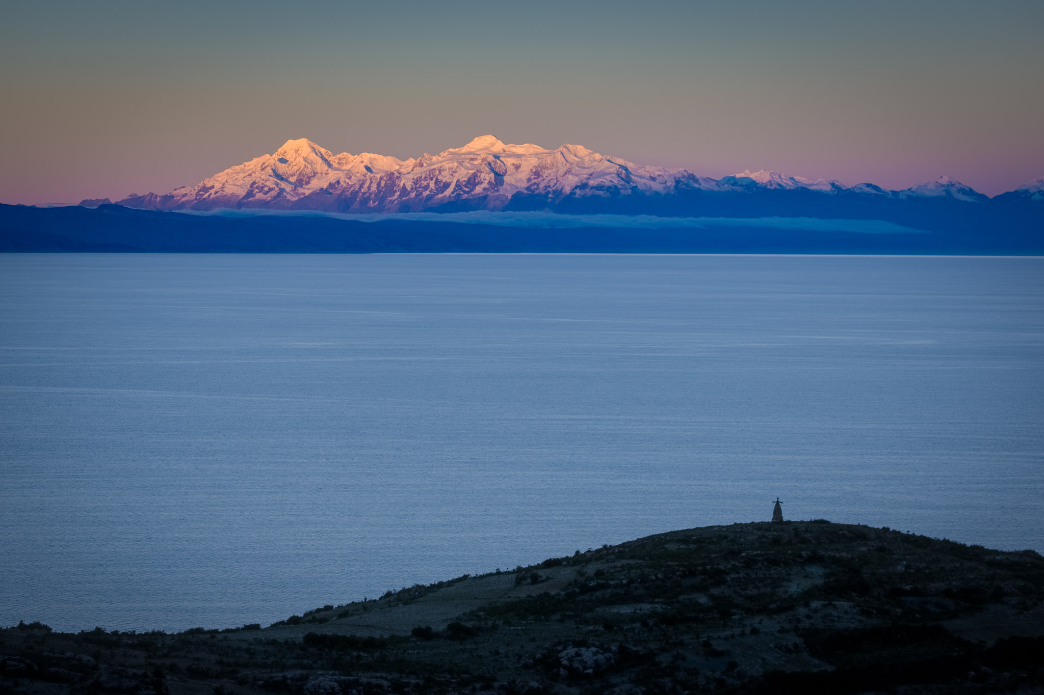 Last light on the Andes from Isla del Sol