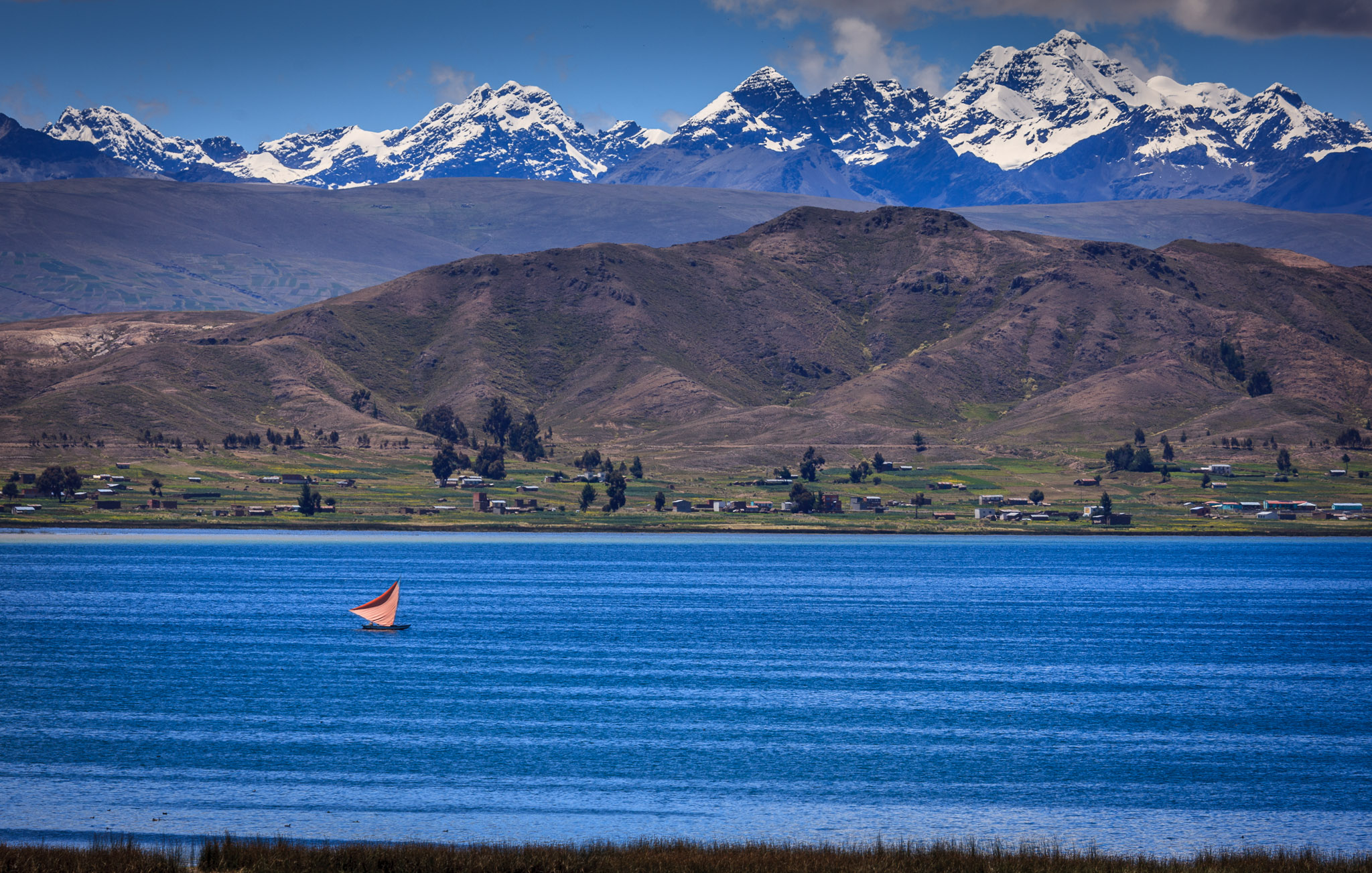 20,000' Andes loom over Lake Titicaca
