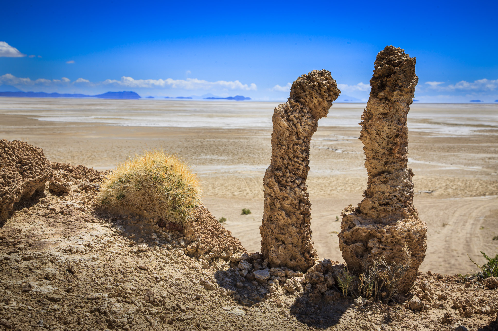 Wierd rock formations, Salar de Uyuni in background