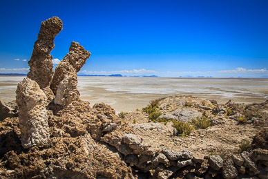 Wierd rock formations, Salar de Uyuni in background