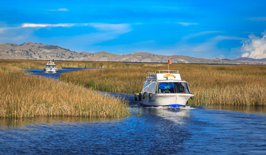 Returning to Puno through reed channels on Lake Titicaca