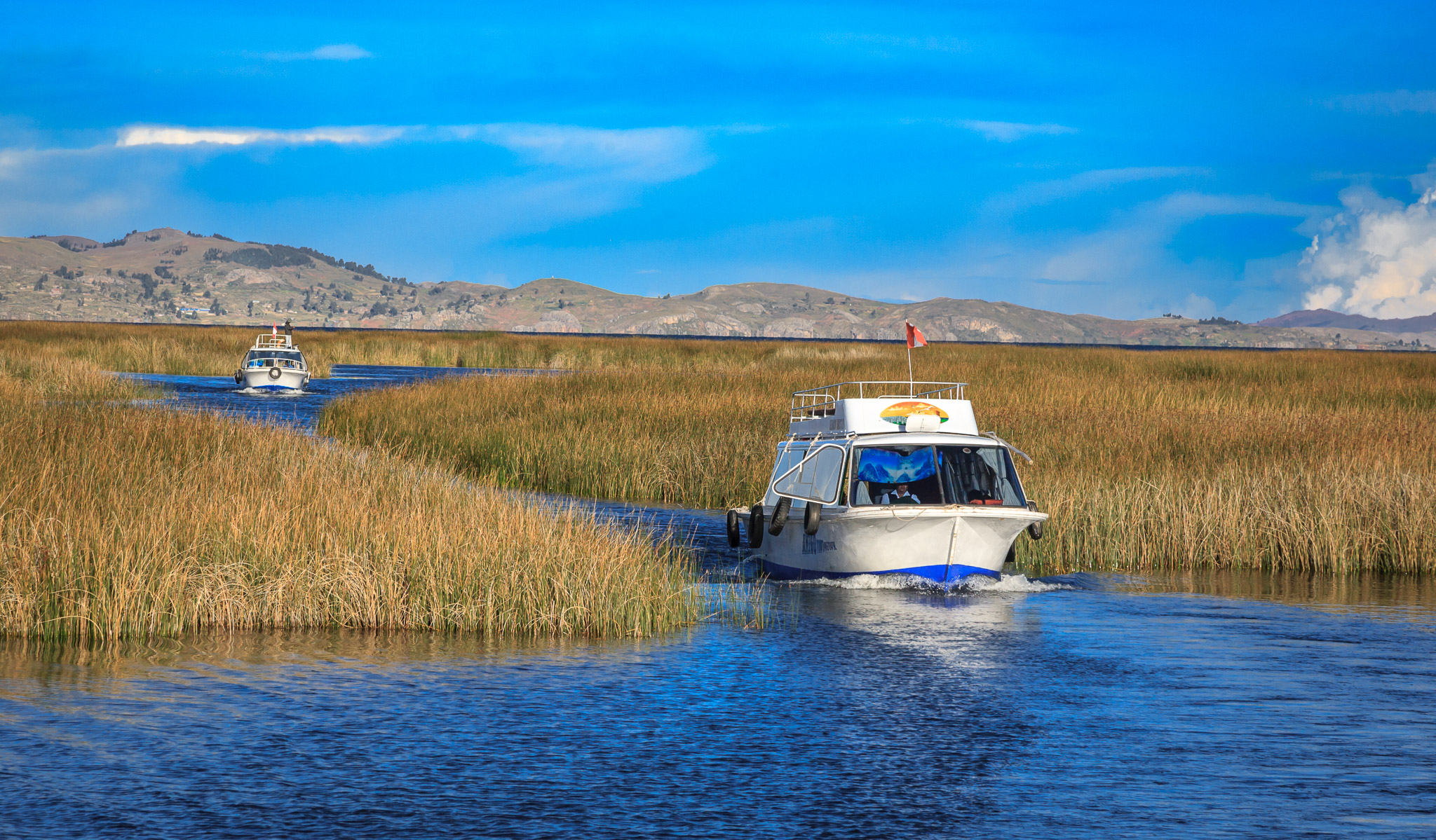Returning to Puno through reed channels on Lake Titicaca