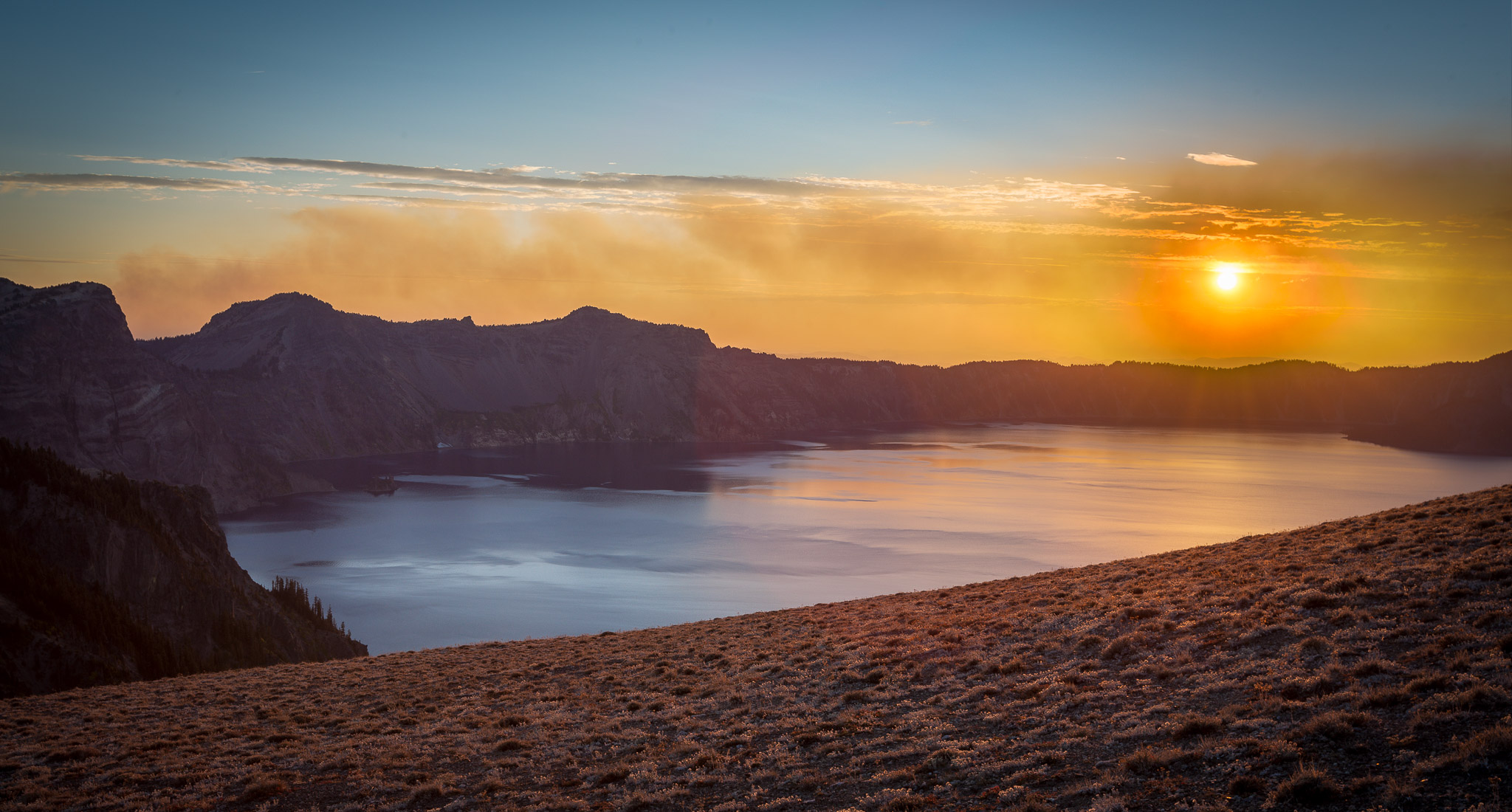 Crater Lake Sunset from Cloudcap Viewpoint (through forest fire smoke)