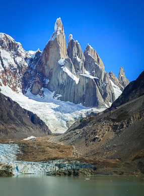 Laguna Torre & Cerro Torre (sheer wall rises more than 5000' out of glacier)