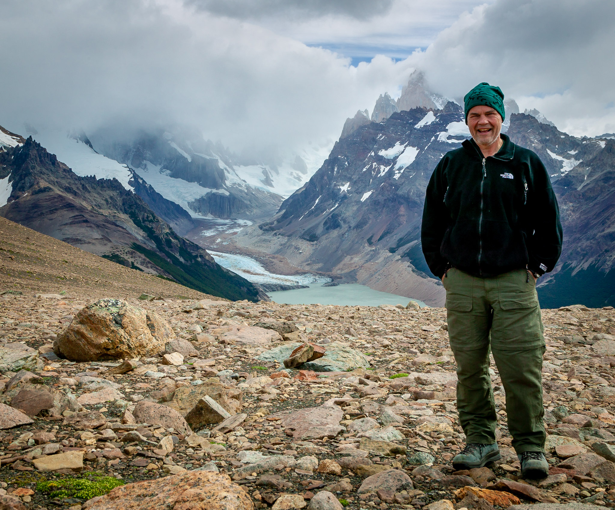 Rick & Laguna Torre basin in background (In the 30's with snow flurries)