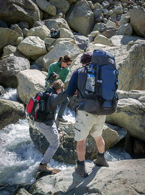 Getting across Glaciar Piedra Blancas outlet stream