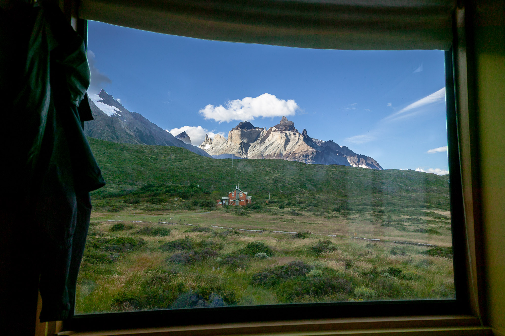 View of Los Cuernos from our Refugio Paine Grande room