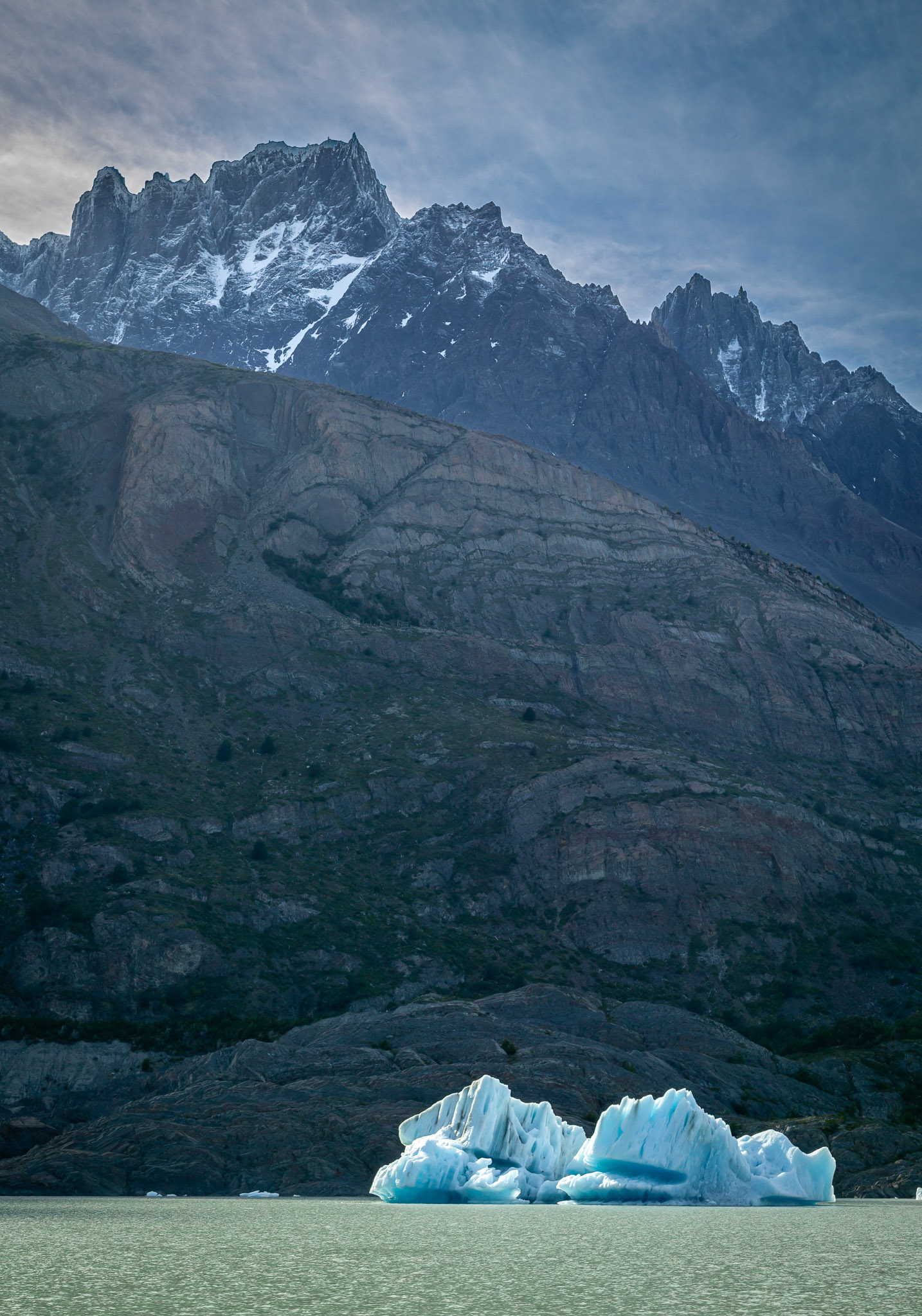 Icebergs on Lago Grey, Cerro Paine Grande in background