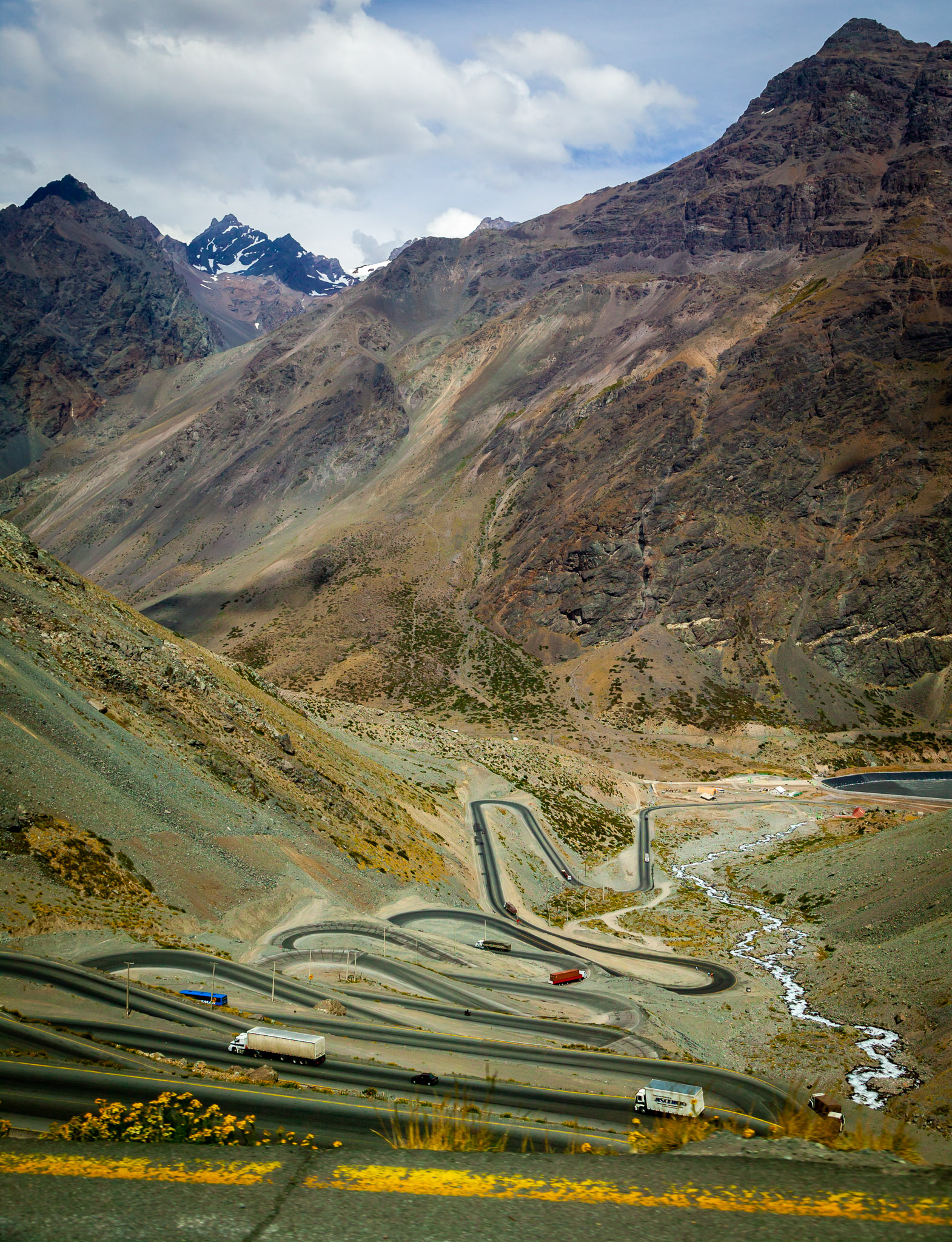 Switchbacks up to Portillo ski resort & pass in Andes