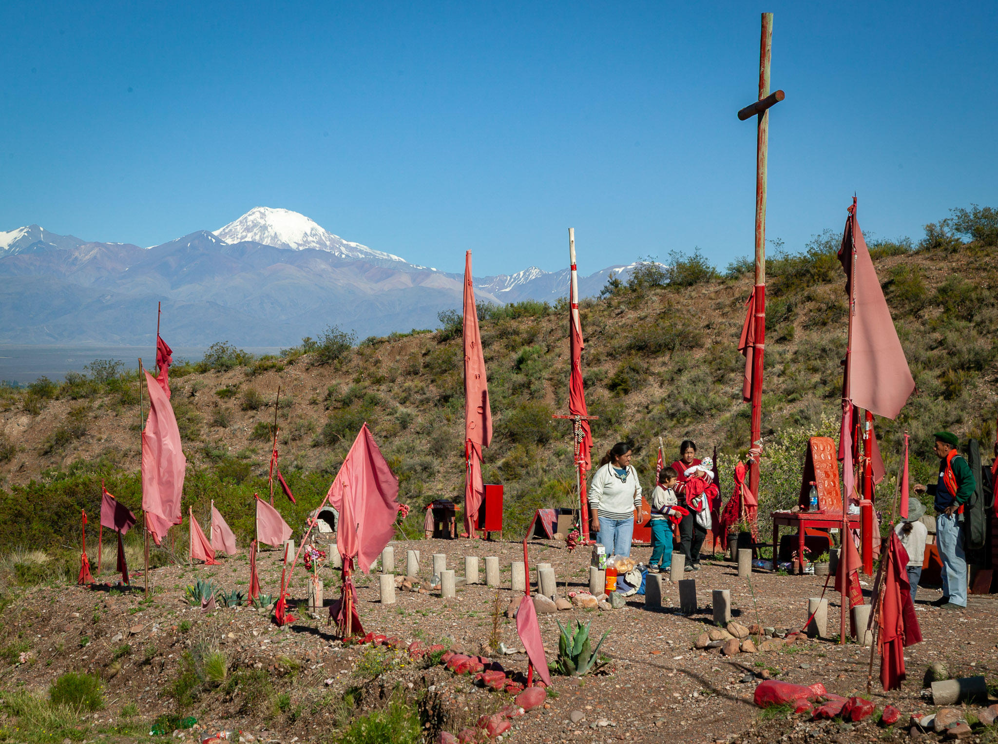 Uco Valley roadside shrine, we can finally see the Andes ... wow!
