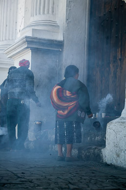 Maya ritual on steps of Catholic church