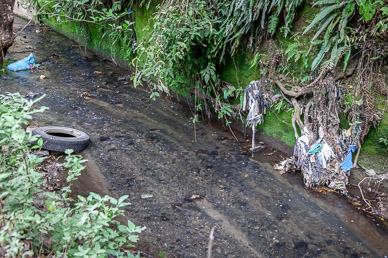 Stream full of trash (countryside was full of plastic trash)