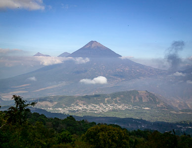 Looking back at volcáns: Fuego, & Acatenango, & Aqua (R to L)