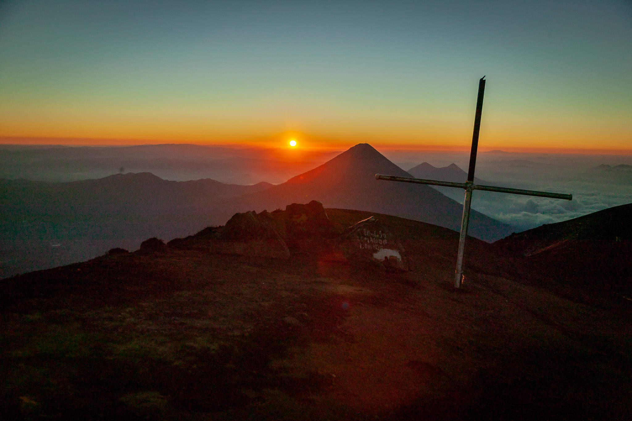 Sunset from Acatenango's summit; Volcáns Aqua & Pacaya in background