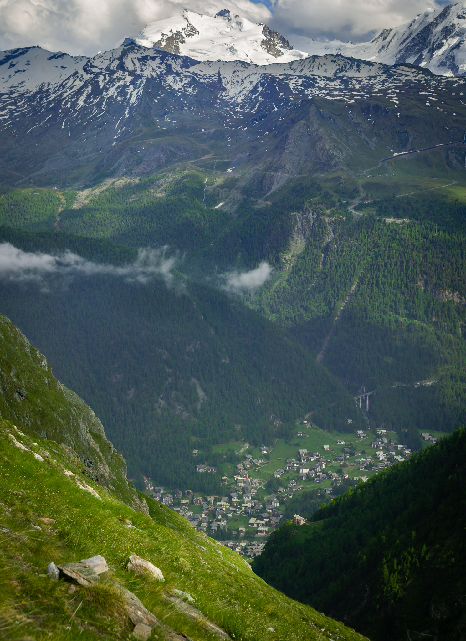 View down to Zermatt from above Trift