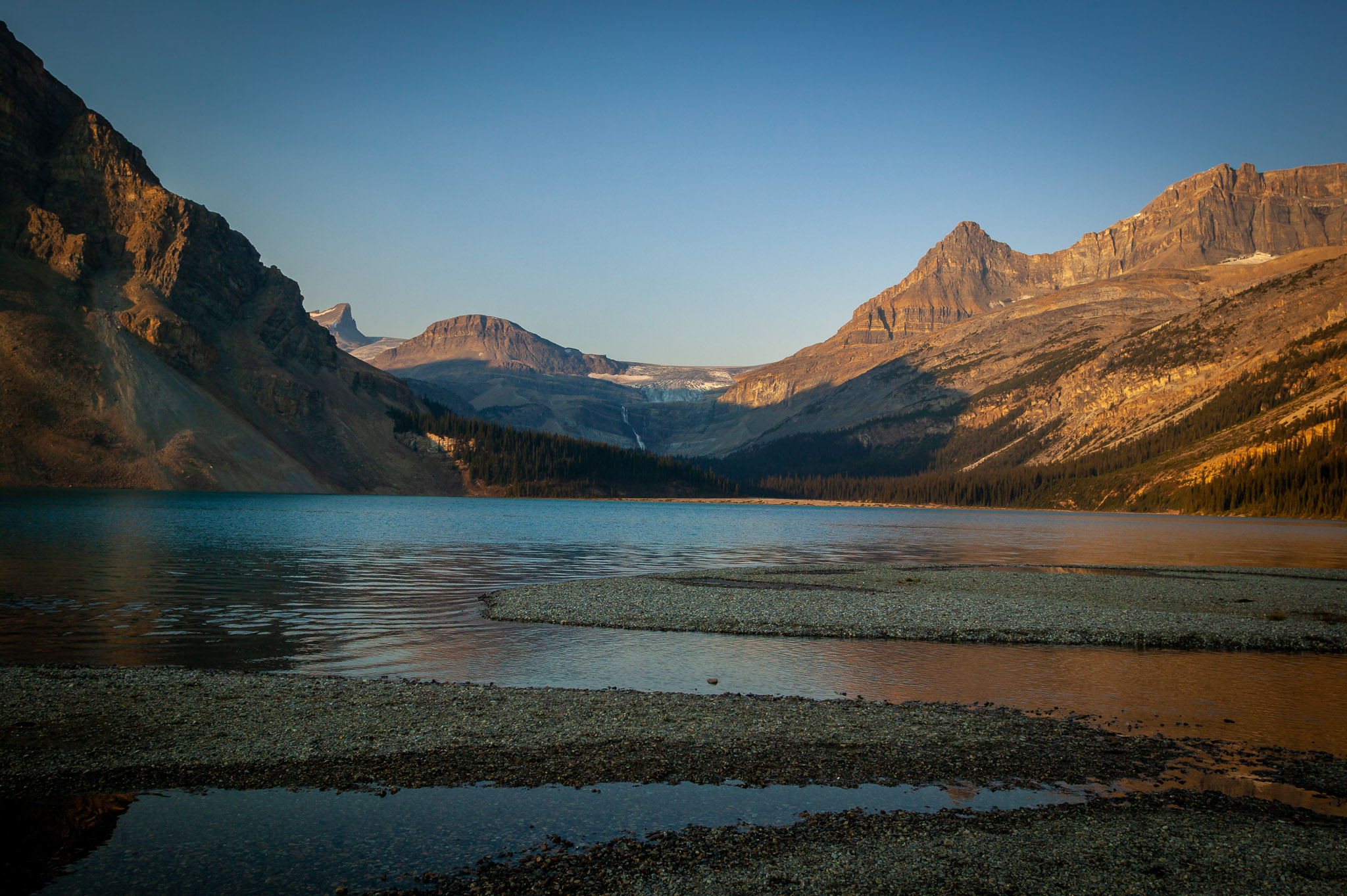 Early morning light on Bow Glacier Falls & Bow Lake